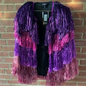 Metallic Tiered Fringe Open Front Tinsel Jacket